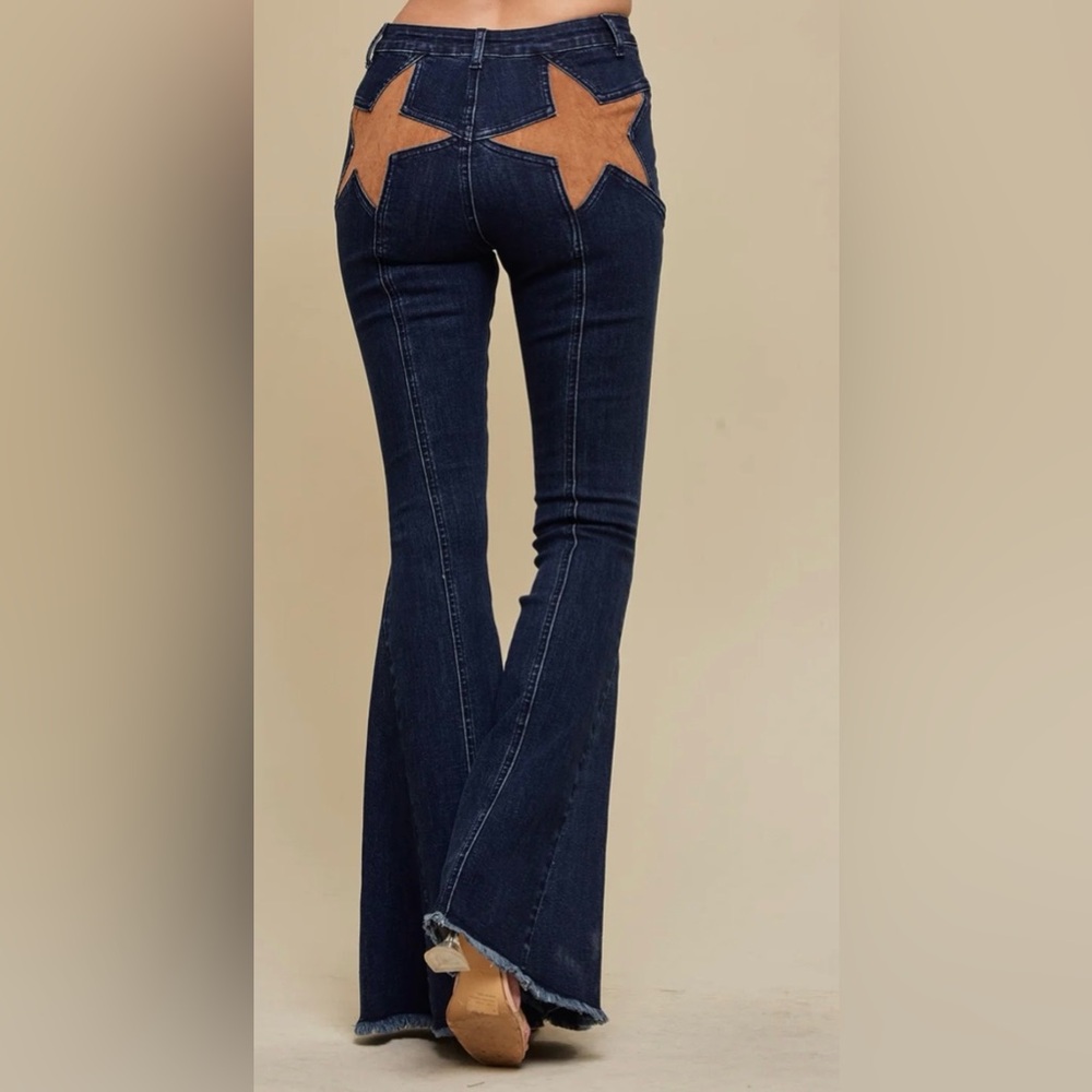 BAELEVY NWT faux dude star flare pants -blue/tan -large - Picture 3 of 10